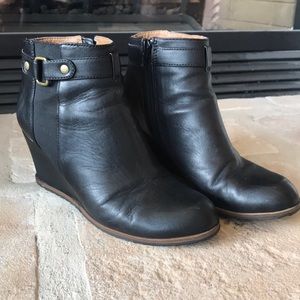 {Susina} Black Leather Wedge Booties. Size 6.5.